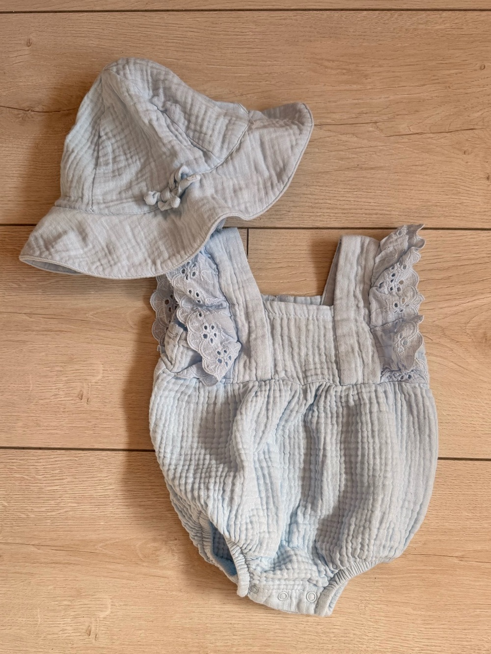 Jessica Simpson Light Blue Ruffled Baby Romper with Matching Sun Hat